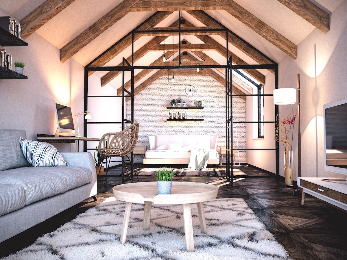 Miroslav Posavec Design with iron-window room divider and beams in a living room