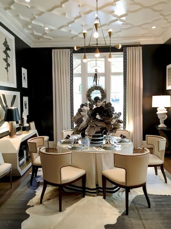 Dramatic dining room with unique coffered ceiling by Serendipite Designs