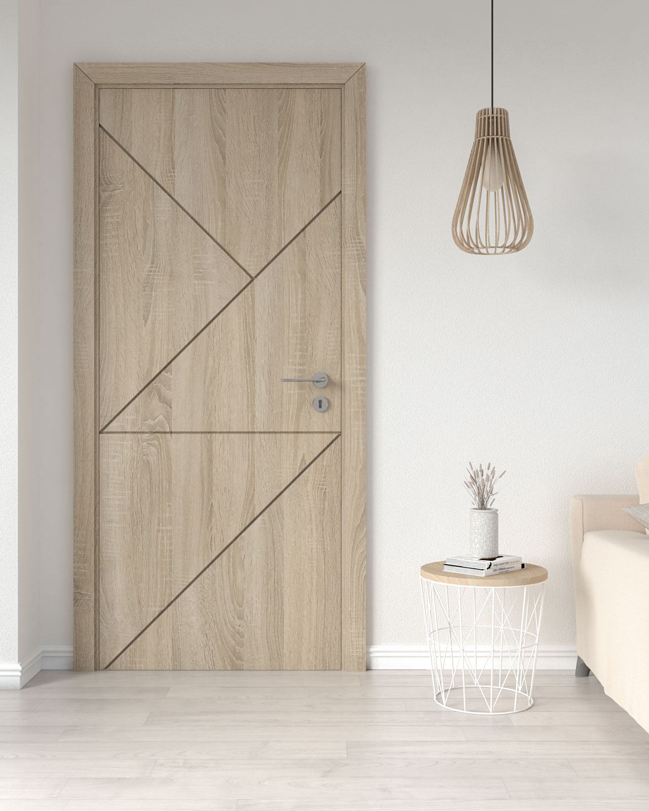 Geometric design on light colored wood door