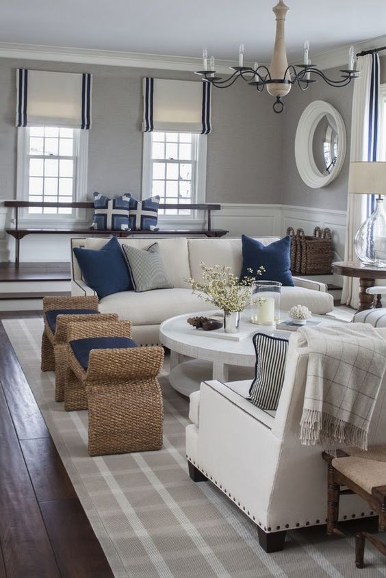Coastal living room with white wainscotting decorated in navy blue and white