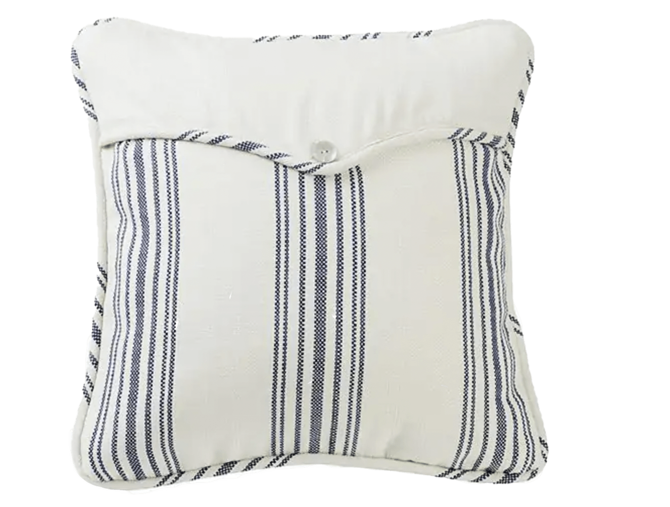 Square pillow with rounded corners and top white flap with button blue and white striping edged with cord
