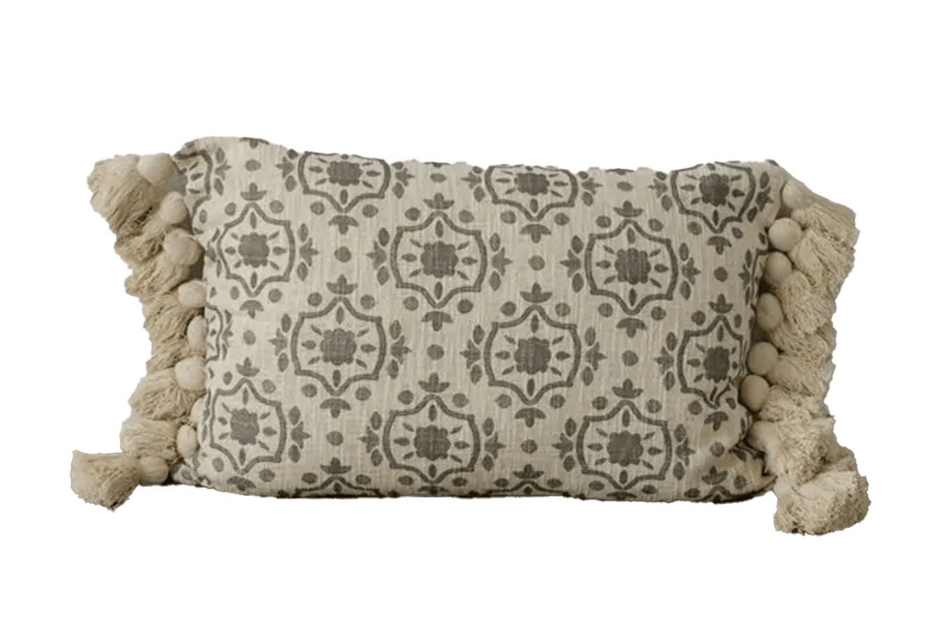 Lumbar rectangular pillow with olive colored arabesque geometric diamond design with large tassels on both sides