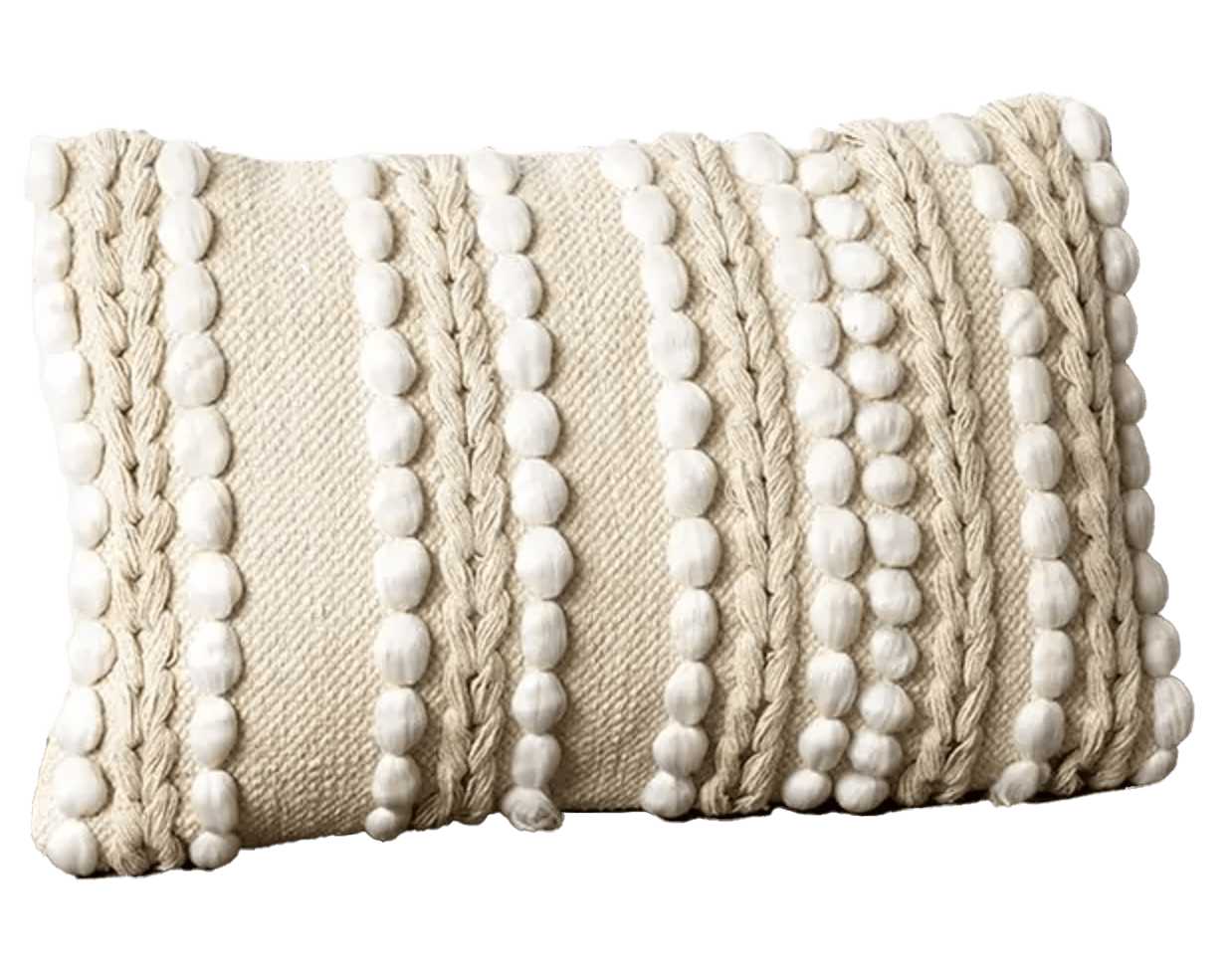 Rectangular pillow heavily embroidered beige and cream vertical striping
