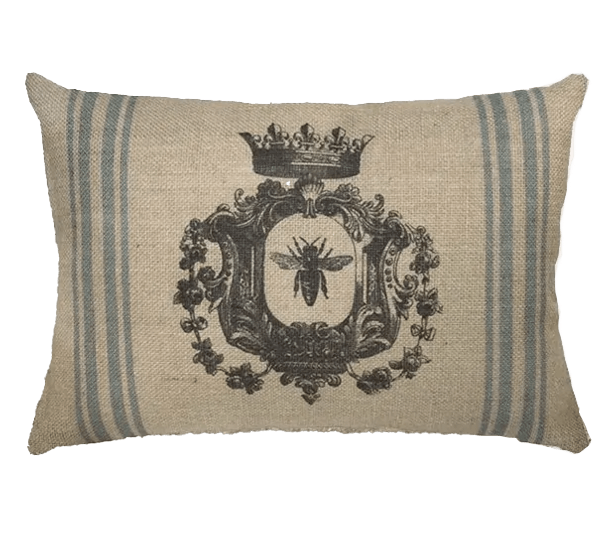 Burlap rectangular pillow with graphic of a bee and crown with light green vertical stripes on both sides