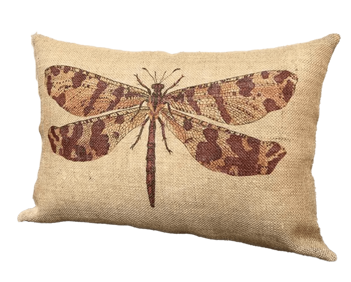 Rectangle burlap pillow with large reddish brown dragon fly