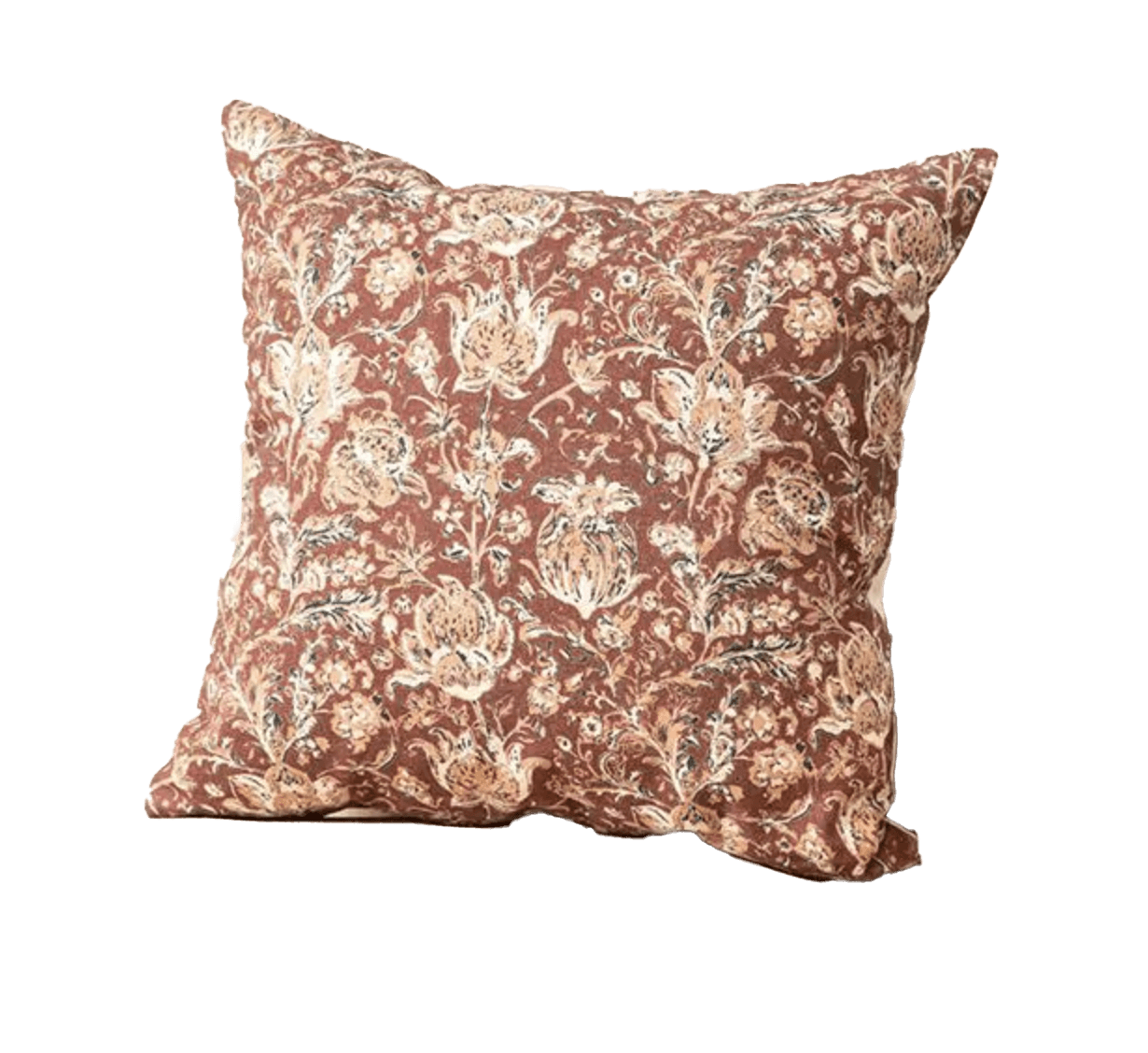 Pillow with dark red background and peach colored medium sized flowers