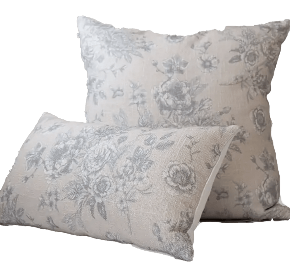 Pale gray medium sized roses on a white background as pillows