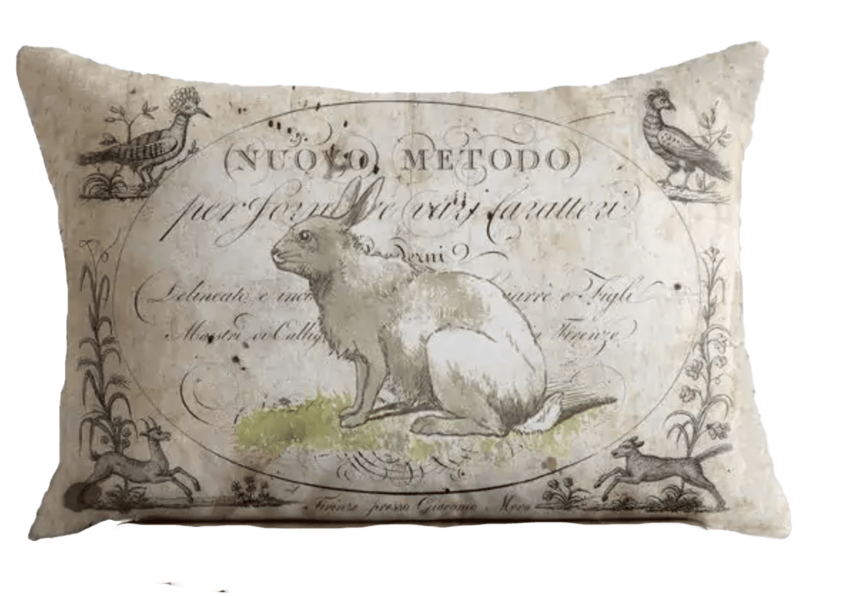 Delicate illustration of a bunny standing in front of words on a cream rectangular pillow with birds in the upper corners. 