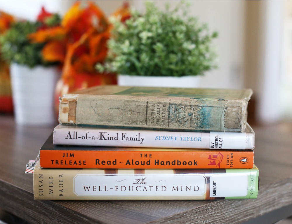 Stack of four books on a wooden table, with potted plants and autumn decor in the background.