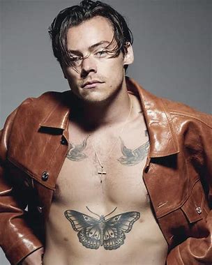 Harry Styles wears an open brown leather jacket, exposing chest tattoos, including swallows and a butterfly, in a moody portrait by Collier Schorr.