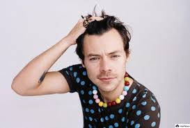 Harry Styles wearing a black shirt with blue polka dots and a chunky multicolored bead necklace, hand in hair.