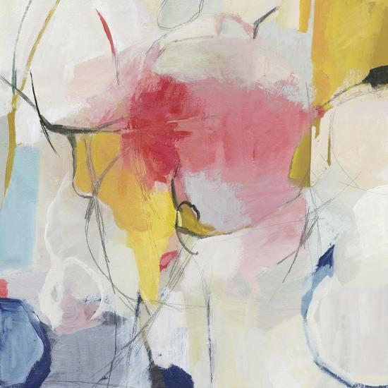 Abstract painting in soft pink, yellow, and blue tones with expressive brushstrokes and fine black lines.