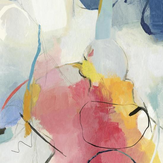 Abstract painting with red, pink, yellow, and blue tones, accented by thin black lines and organic shapes.