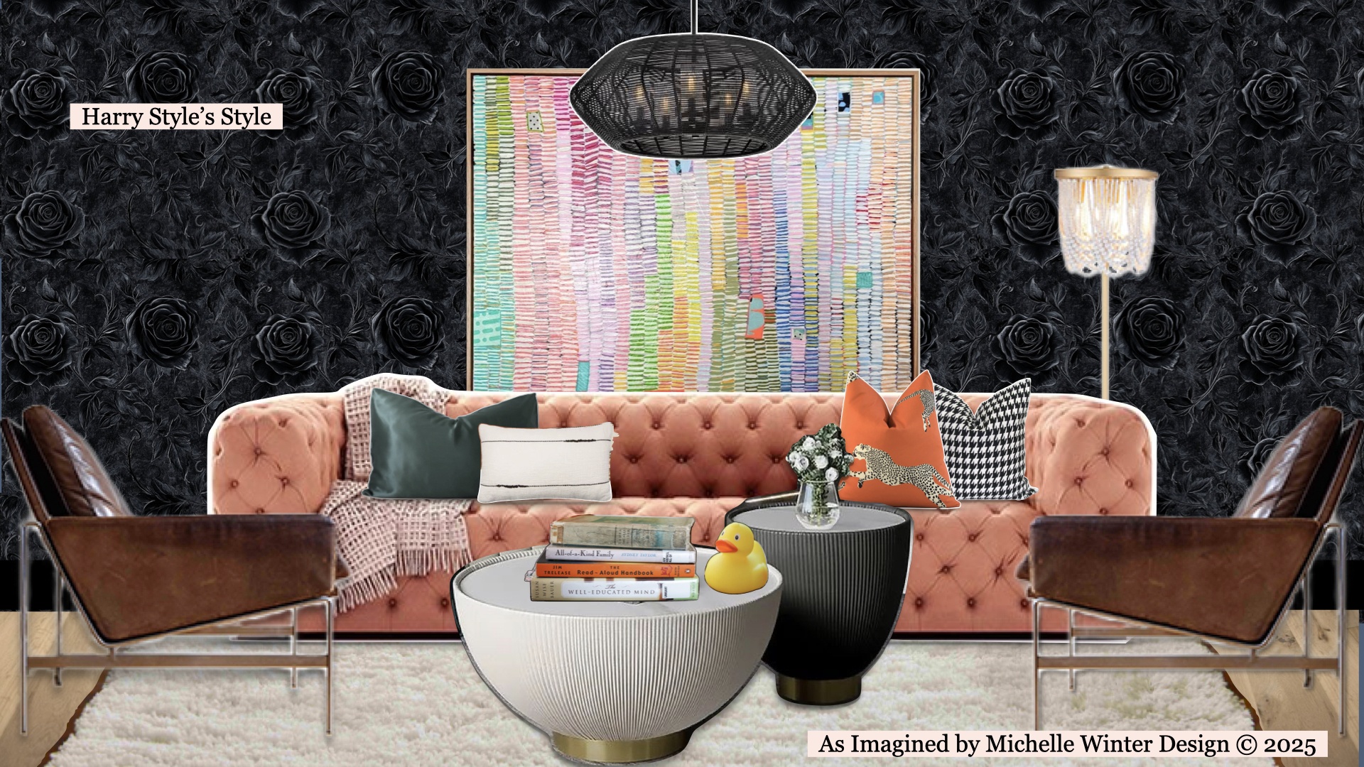 Interior design collage inspired by Harry Styles’ style, featuring a blush tufted sofa, black rose wallpaper, bold art, mixed pillows, and eclectic furnishings.
