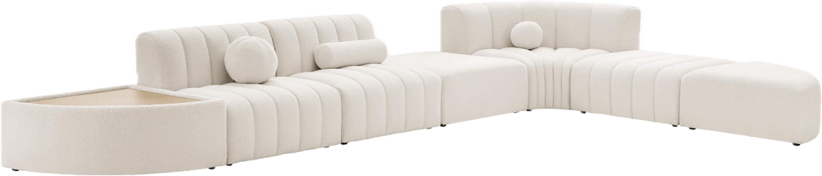 Modular cream boucle sectional sofa with built-in table and curved channel tufting