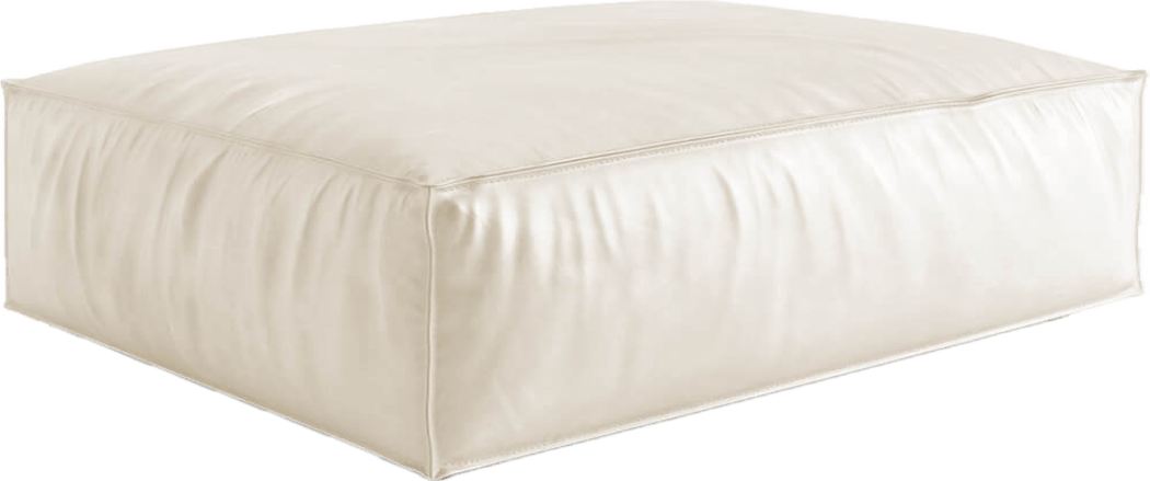White leather block ottoman with soft edges and minimalist stitching