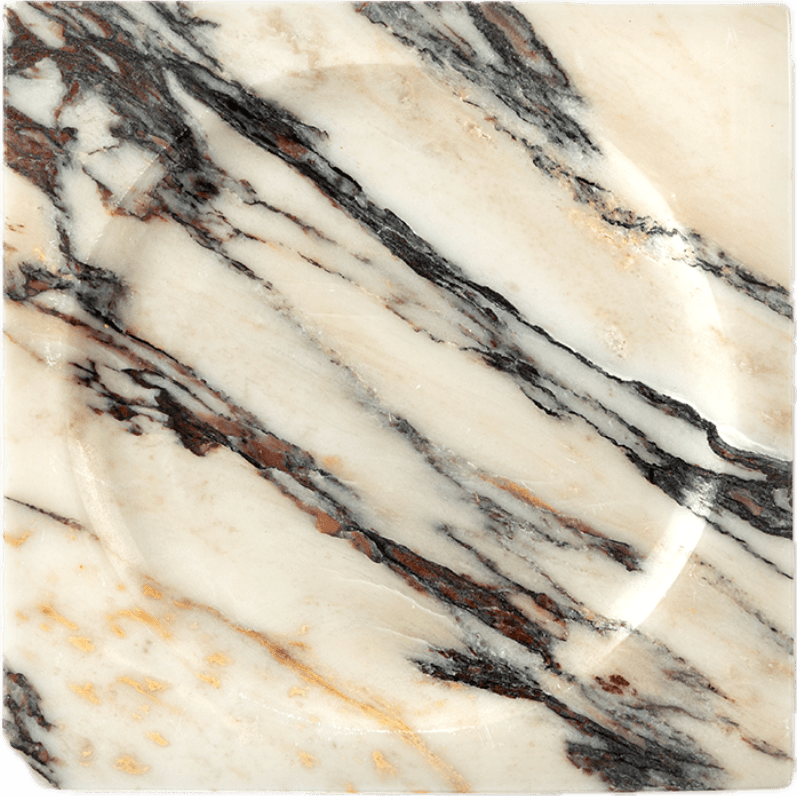 Square marble tray with bold black and rust veining