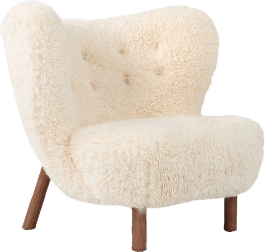 <br />
Cream-colored lounge chair with genuine sheepskin upholstery and wood legs