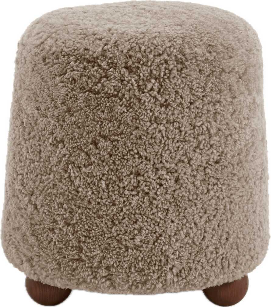 Café noir ottoman with plush genuine sheepskin upholstery and rounded wooden feet