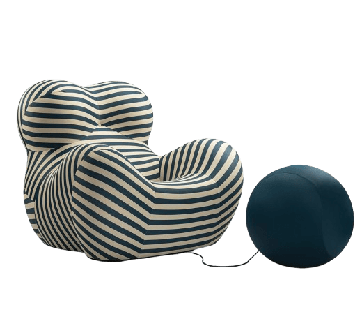 Bold striped green and cream lounge chair with green ball-shaped ottoman