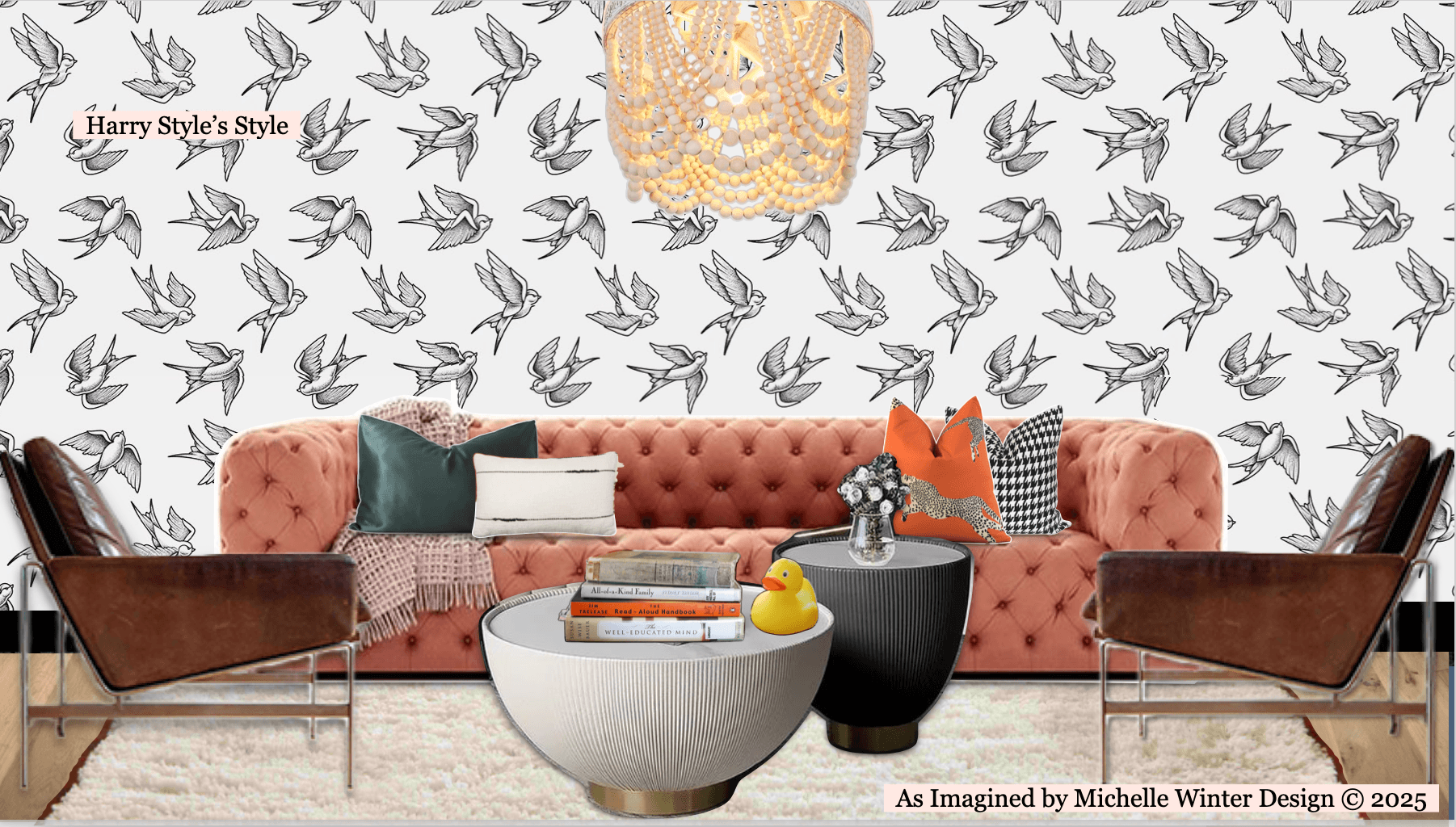 Digital collage of a living room inspired by Harry Styles, featuring a blush tufted velvet sofa, houndstooth and animal-print pillows, brown leather chairs, a beaded chandelier, two round coffee tables with books and a rubber duck, and wallpaper with black and white swallow illustrations.