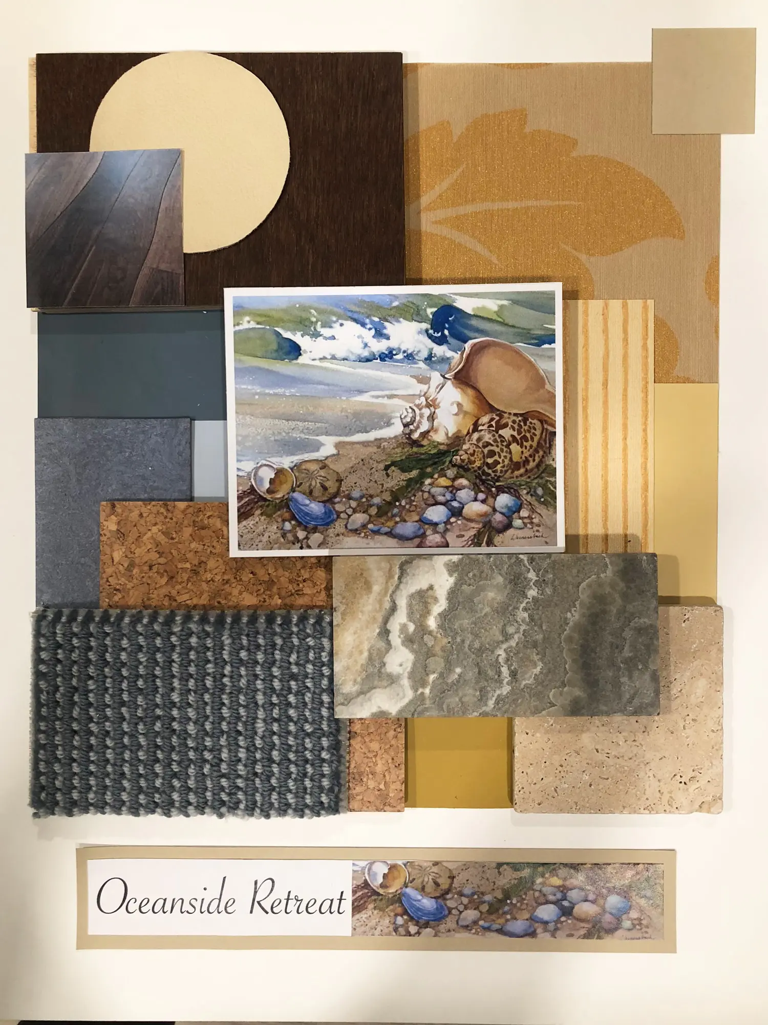 Coastal materials board with stone, wood, cork, and woven textures