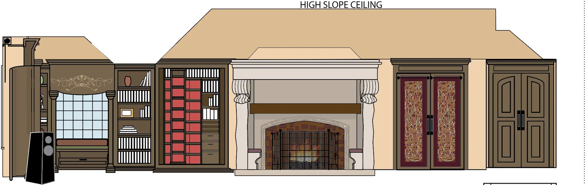 Fireplace wall elevation with built-ins, window seat, and decorative doors