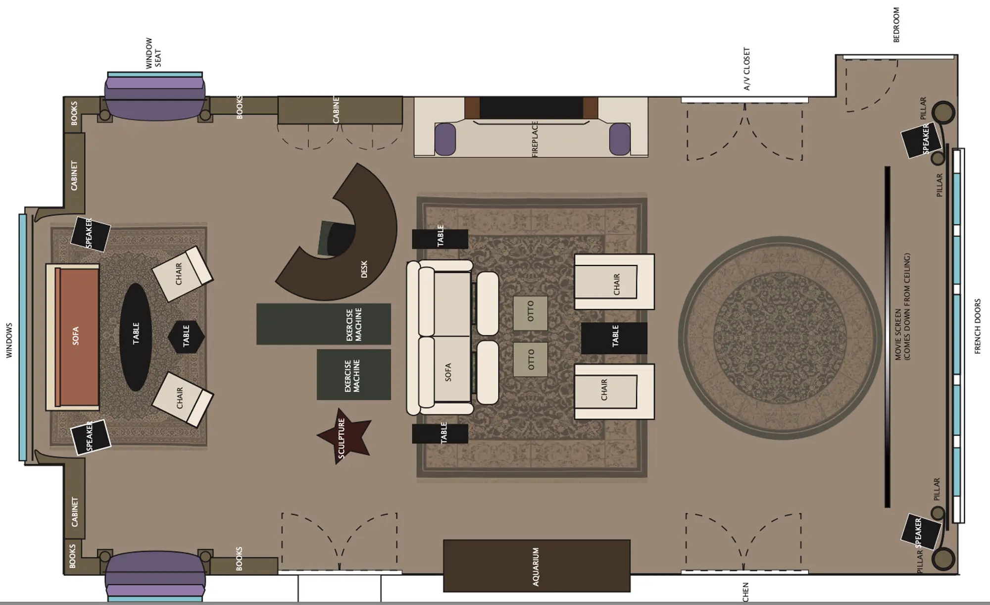 Open-concept living room floor plan with fireplace, seating zones, and media wall