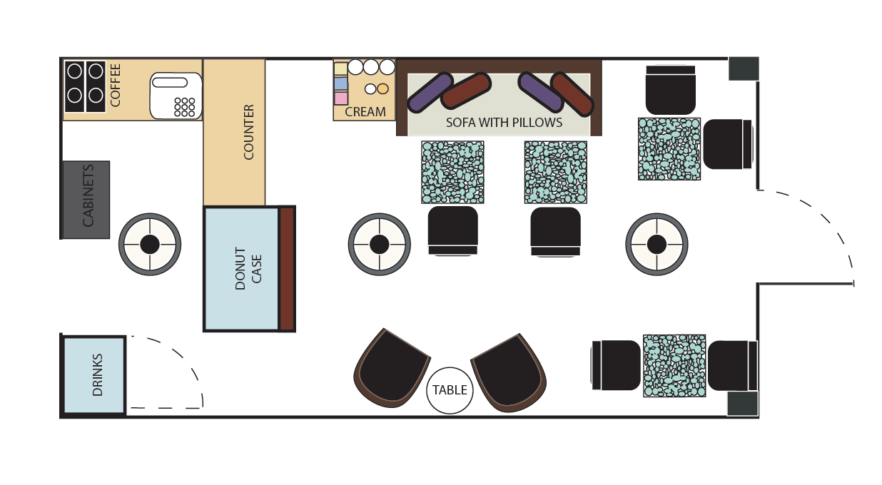 Coffee and donut shop floor plan showing counter, seating layout, sofa lounge area, and beverage station