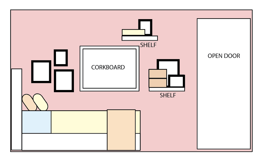 Bedroom wall elevation plan showing bed placement, gallery wall, corkboard, floating shelves, and door layout