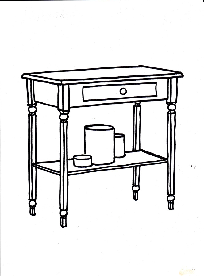 Black and white furniture sketch of a narrow accent table with drawer, turned legs, and lower shelf