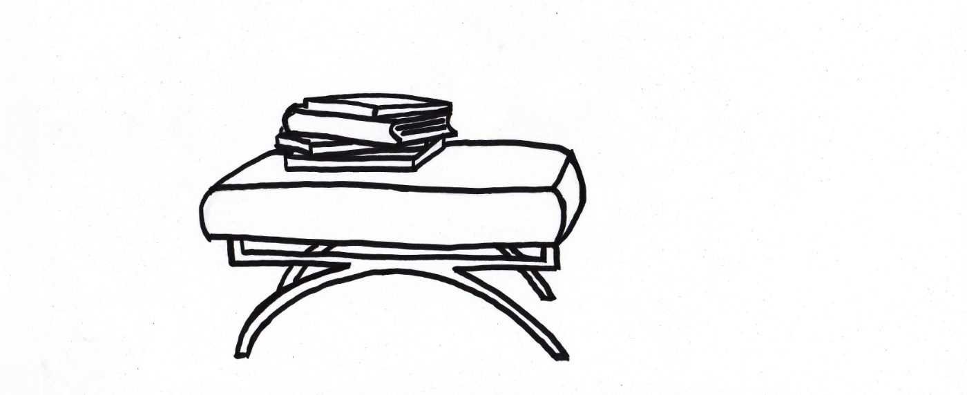 Hand-drawn ottoman sketch with upholstered cushion, curved metal base, and stacked books